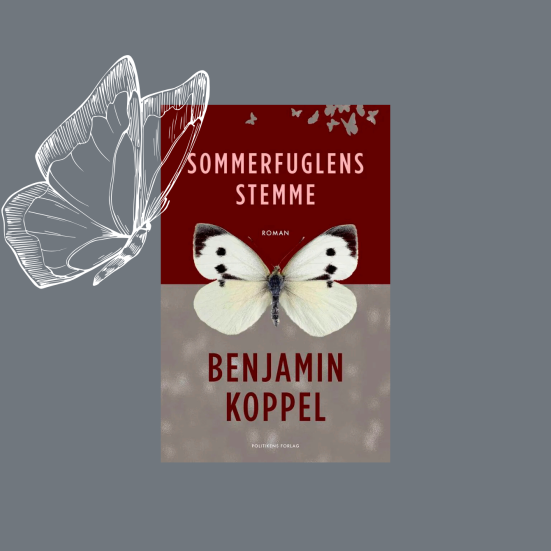 Forside af bogen med grå baggrund og tegning af hvid sommerfugl.