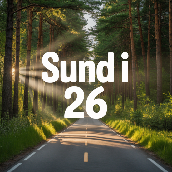 asfaltvej igennem skov sollys gennem træerne