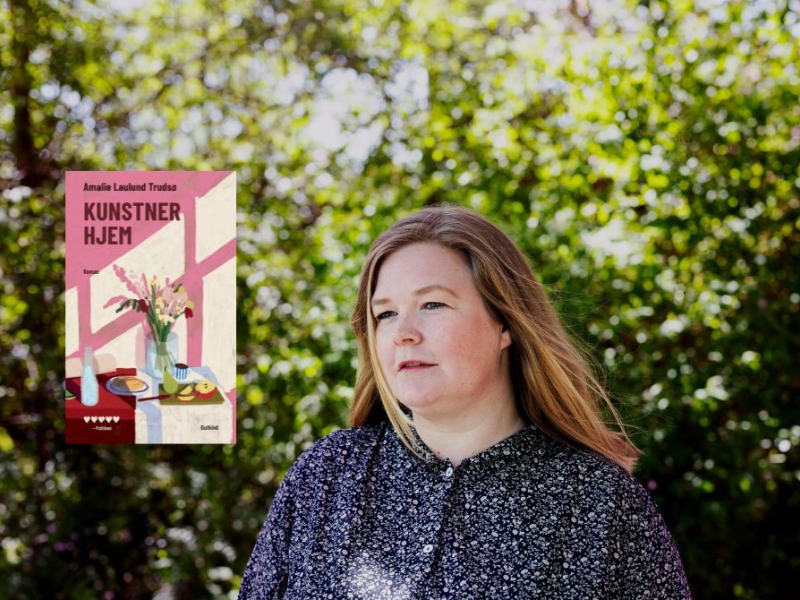 Foto af Amalie Laulund Trudsø og bogforside Kunstnerhjem