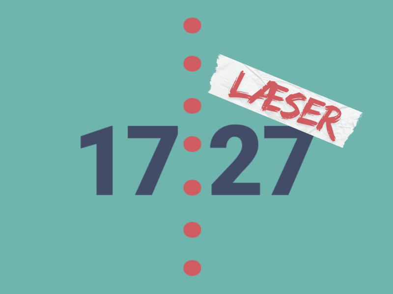 Grafik med 17:27 og et klistermærke med "læser"