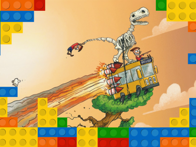 Billede af børn, der flyver på en bus med en dinosaur.
