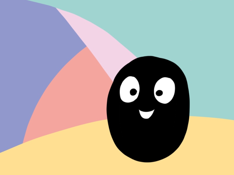 Grafisk billede med forskellige farver i baggrunden og en sort cirkel med øjne og mund. 