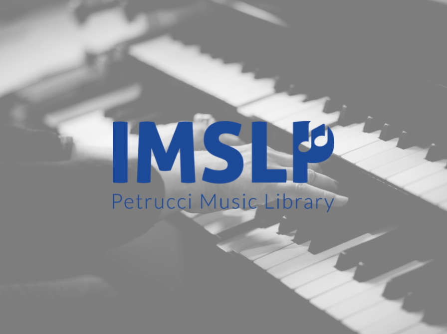 Logo med teksten IMSLP petrucci music library. i baggrunden ses hænder og klavertangenter