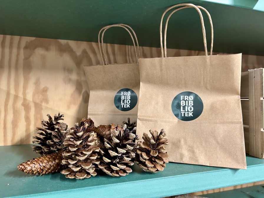 Kogler og poser i frøbiblioteket på Silkeborg Bibliotek 