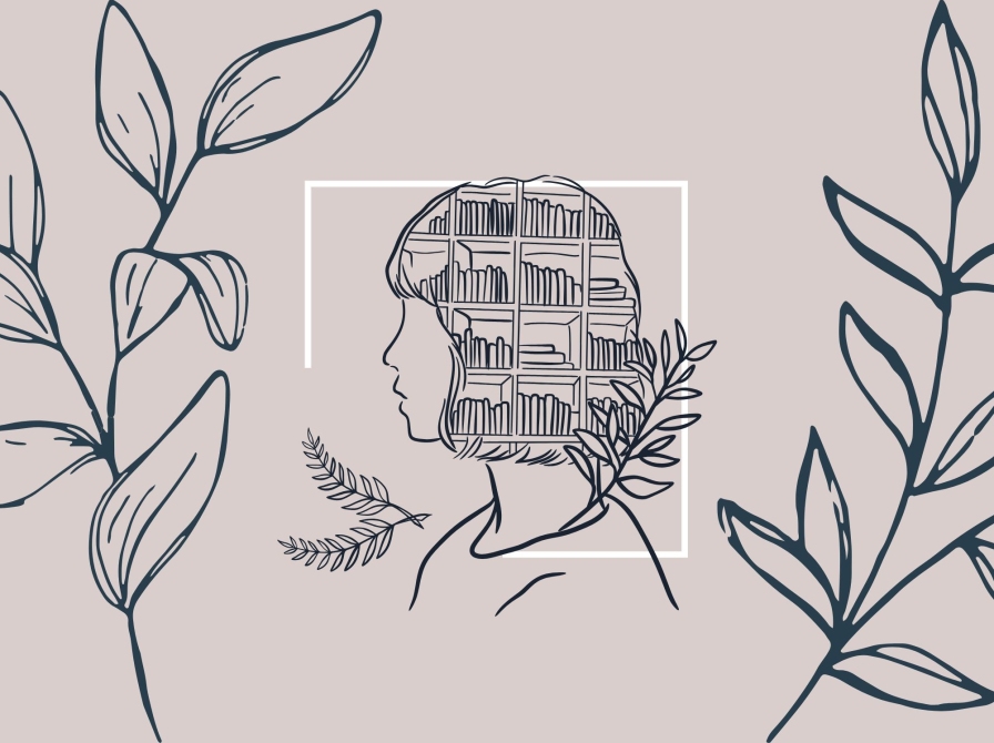 Grafik af kvinde med hovedet fuld af fortællinger/bøger